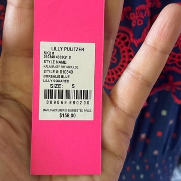 Lilly Pulitzer Kalama Off Shoulder Dress Borealis Blue Lilly Squared NWT Small - Picture 12 of 15